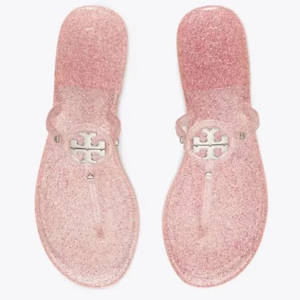 Tory Burch Pink Glitter Jelly Thong Sandals with Logo Medallion
